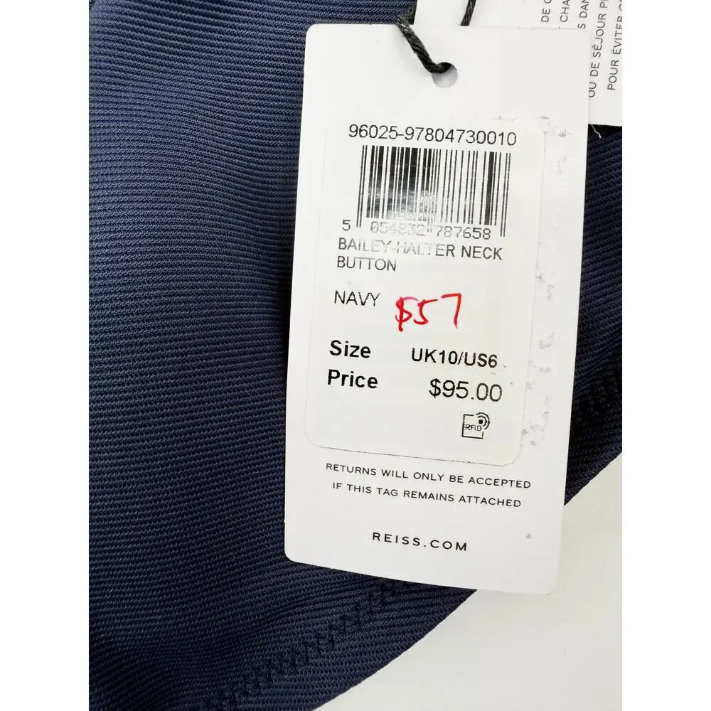 REISS Bathing Suit Set Size 6 NEW Navy Blue Bikini Halter Button Bottom Bailey